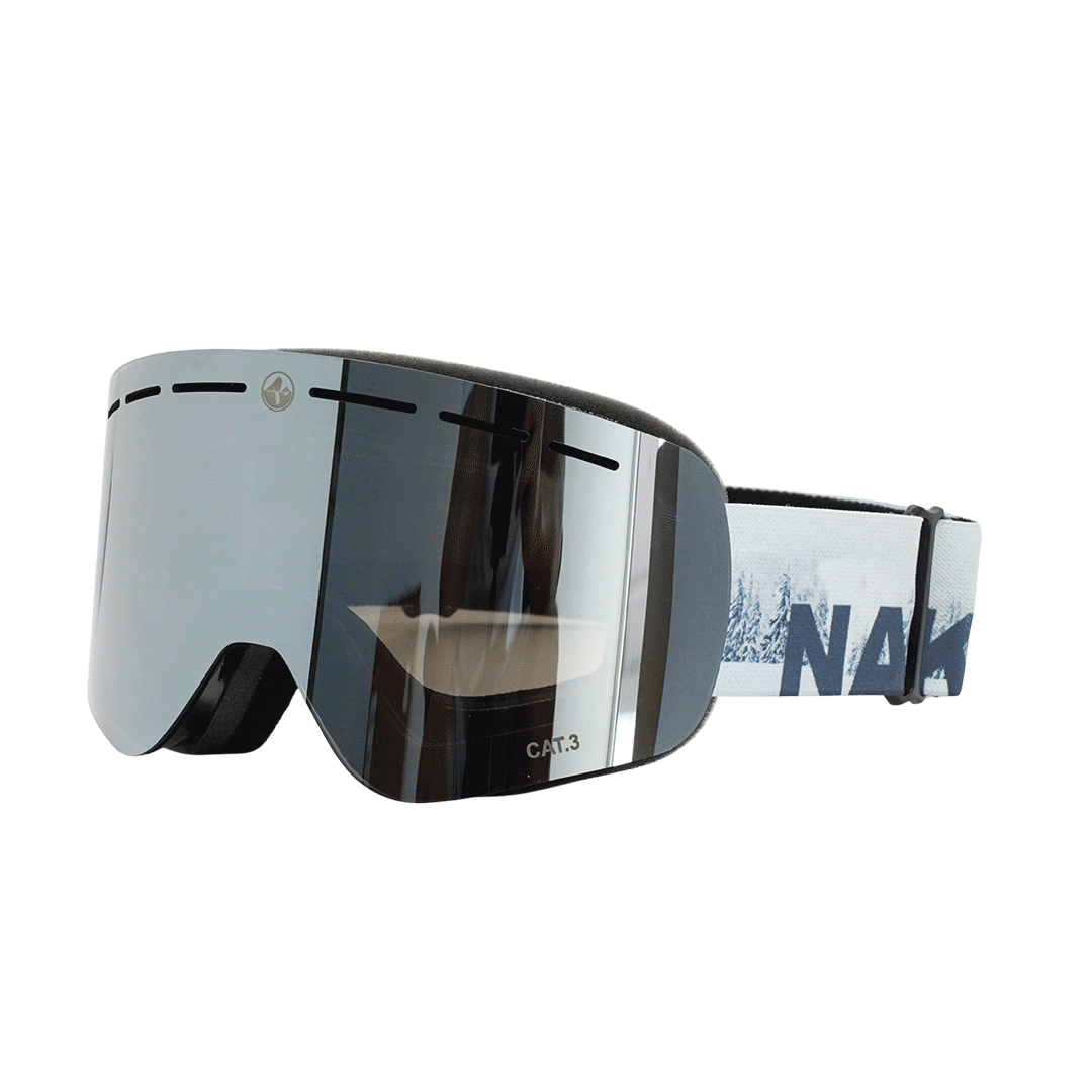 The TROOP Youth by NAKED Optics are gray ski goggles featuring a reflective lens and a white strap with blue text and mountain graphics. Designed in a rahmenloses Design for a sleek, modern look, these kleine Skibrille or Skibrille für Jugendliche offer both comfort and style on the slopes.