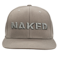 A gray Cap Snapback from NAKED Optics featuring the word “NAKED” embroidered in bold, 3D stick gray letters on the front.