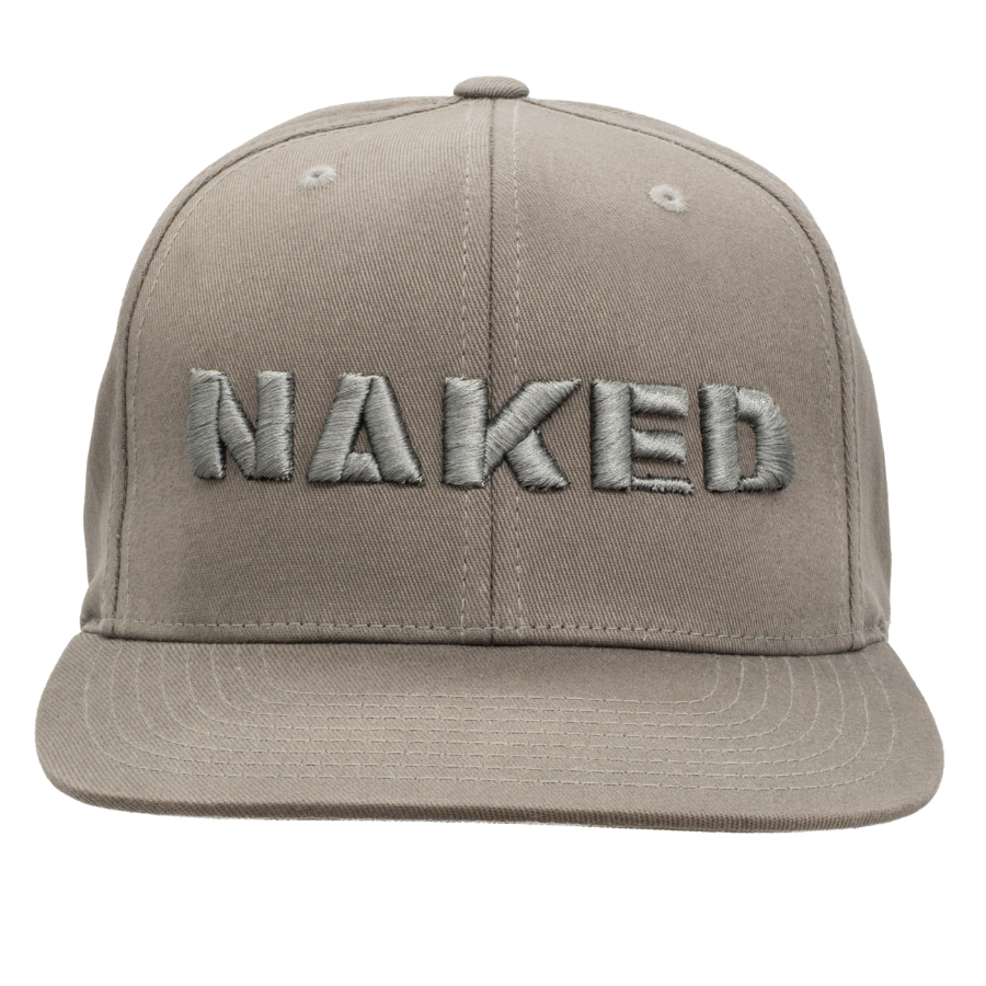 A gray Cap Snapback from NAKED Optics featuring the word “NAKED” embroidered in bold, 3D stick gray letters on the front.
