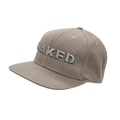 Cap Snapback by NAKED Optics in brown, featuring bold 3D embroidered “NAKED” lettering on the front, shown from a left angle with a flat brim and snapback closure.