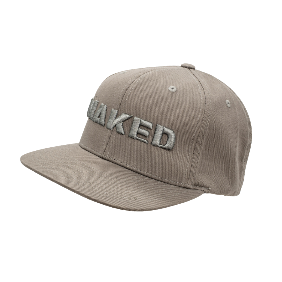 Cap Snapback by NAKED Optics in brown, featuring bold 3D embroidered “NAKED” lettering on the front, shown from a left angle with a flat brim and snapback closure.
