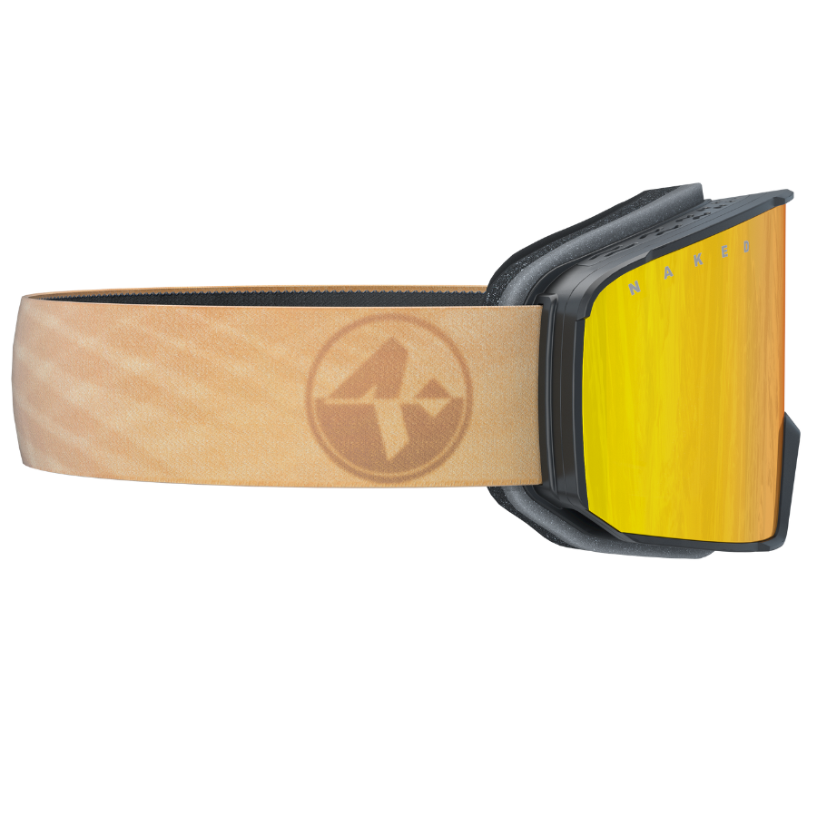 Il modello SOLAR di NAKED Optics presenta lenti gialle, un cinturino color cuoio con logo circolare e una montatura nera: questi occhiali da sci compatti sono perfetti per i visi piccoli e uniscono stile e comfort per le donne sulle piste.