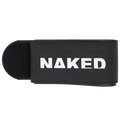 Schwarzer Riemen mit dem in Weiß aufgedruckten Schriftzug „NAKED“ und einem Klettverschluss am linken Ende – ideal als Skiriemen (Skifix) von NAKED Optics für Ihre All-Mountain-Ski.