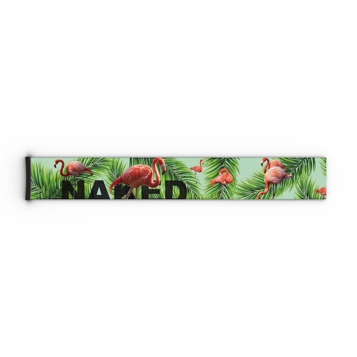 NAKED Optics Extra-Band (45 mm) für FORCE EVO, TROOP EVO, STORM, NOVA, SOLAR und ZEND – besticht durch ein farbenfrohes Design mit Flamingos und grünen Palmblättern auf hellem Hintergrund, von oben betrachtet.