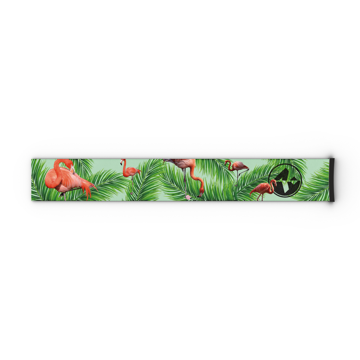 Ein langes, rechteckiges NAKED Optics Extra-Band (45 mm) für die Skibrillen FORCE EVO, TROOP EVO, STORM, NOVA, SOLAR und ZEND mit Flamingos und grünen Blättern auf weißem Hintergrund.