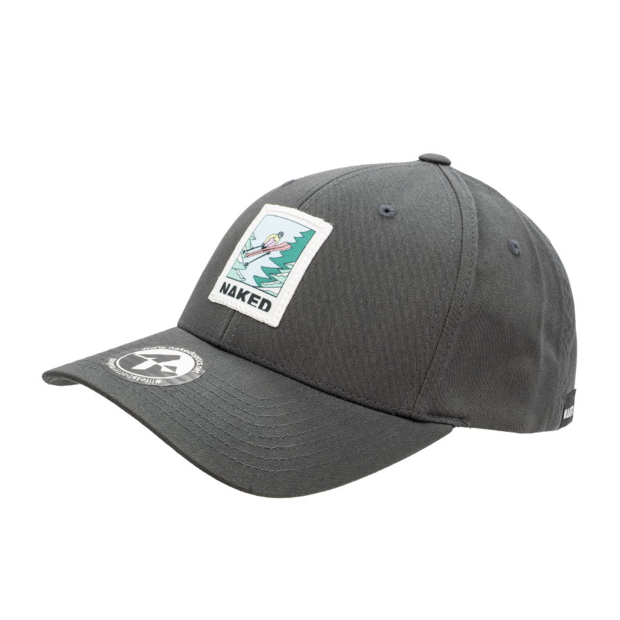 Cappellino da baseball unisex grigio di NAKED Optics, realizzato in cotone di alta qualità e caratterizzato da una toppa frontale con un’onda stilizzata e la scritta NAKED.