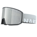 Il modello SOLAR di NAKED Optics è una maschera da sci grigia con lenti riflettenti e il caratteristico logo NAKED Optics sulla fascia, in risalto su uno sfondo bianco. Questa maschera da sci compatta è ideale per i visi piccoli, poiché unisce stile e comfort per un utilizzo che dura tutto il giorno.