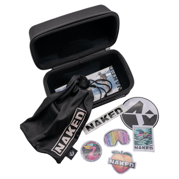 Black zippered Etui EVO für Skibrillen by NAKED Optics, shown with a branded pouch, stickers, and a cleaning cloth arranged on a white background—perfect for those looking to schützen their Skibrille in style.