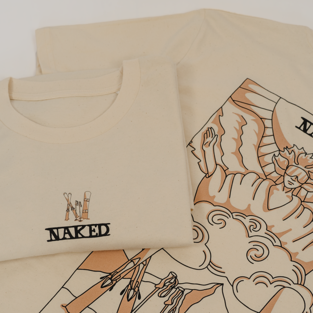 Two beige T-Shirt Snow-Love tees by NAKED Optics, crafted from Bio-Baumwolle: one displays a bold “NAKED” logo with art tools, while the other features a stylized winged figure graphic. Ideal for anyone who appreciates unique backprint designs.