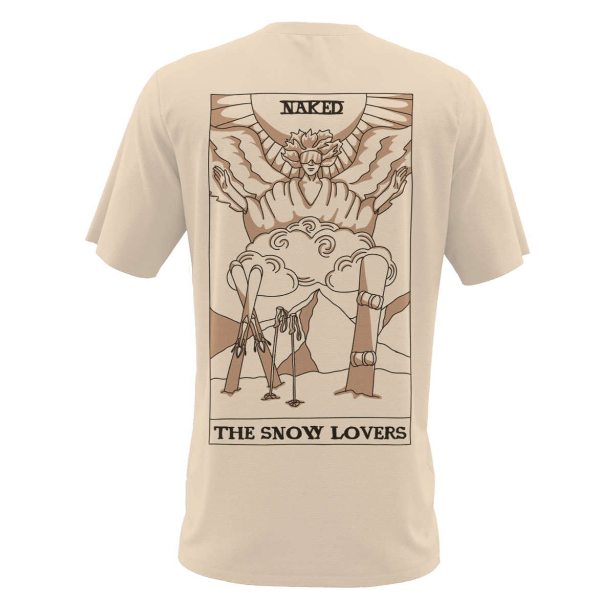 The T-Shirt Snow-Love by NAKED Optics is a beige tee crafted from soft Bio-Baumwolle, featuring a distinctive backprint with line art of a winged figure, skis, mountains, and the phrase “NAKED THE SNOW LOVERS”—a perfect choice for fans of unique Snow Lover T-Shirts.