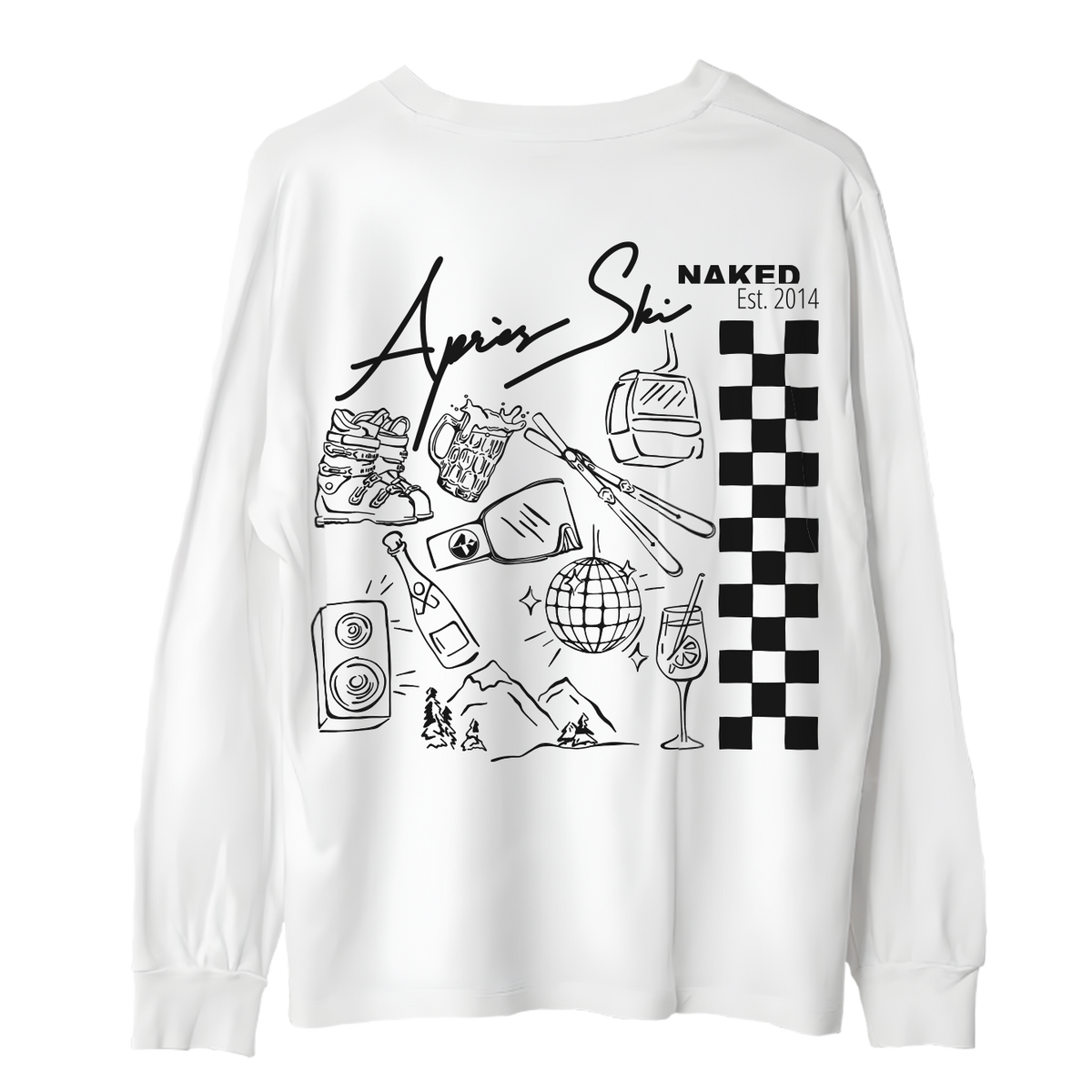 La camicia a maniche lunghe “Langarm Shirt - Apres” di NAKED Optics è una camicia bianca a maniche lunghe realizzata in morbido cotone biologico, caratterizzata dalla scritta “Après Ski”, da divertenti disegni a tema sci e festa e da una vistosa stampa sul retro “Party Back” con motivo a scacchi neri.
