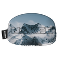 Snowy mountain peaks shrouded in clouds, with the word “NAKED” in bold outline across the image. A sleek black tag on the left highlights this unique Skibrillen Schutz (Überzieher) from NAKED Optics, providing both style and protection for your goggles.