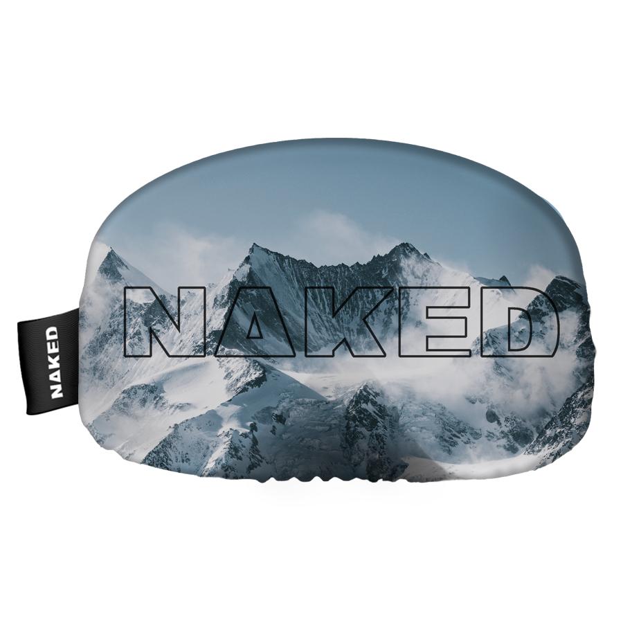 Snowy mountain peaks shrouded in clouds, with the word “NAKED” in bold outline across the image. A sleek black tag on the left highlights this unique Skibrillen Schutz (Überzieher) from NAKED Optics, providing both style and protection for your goggles.