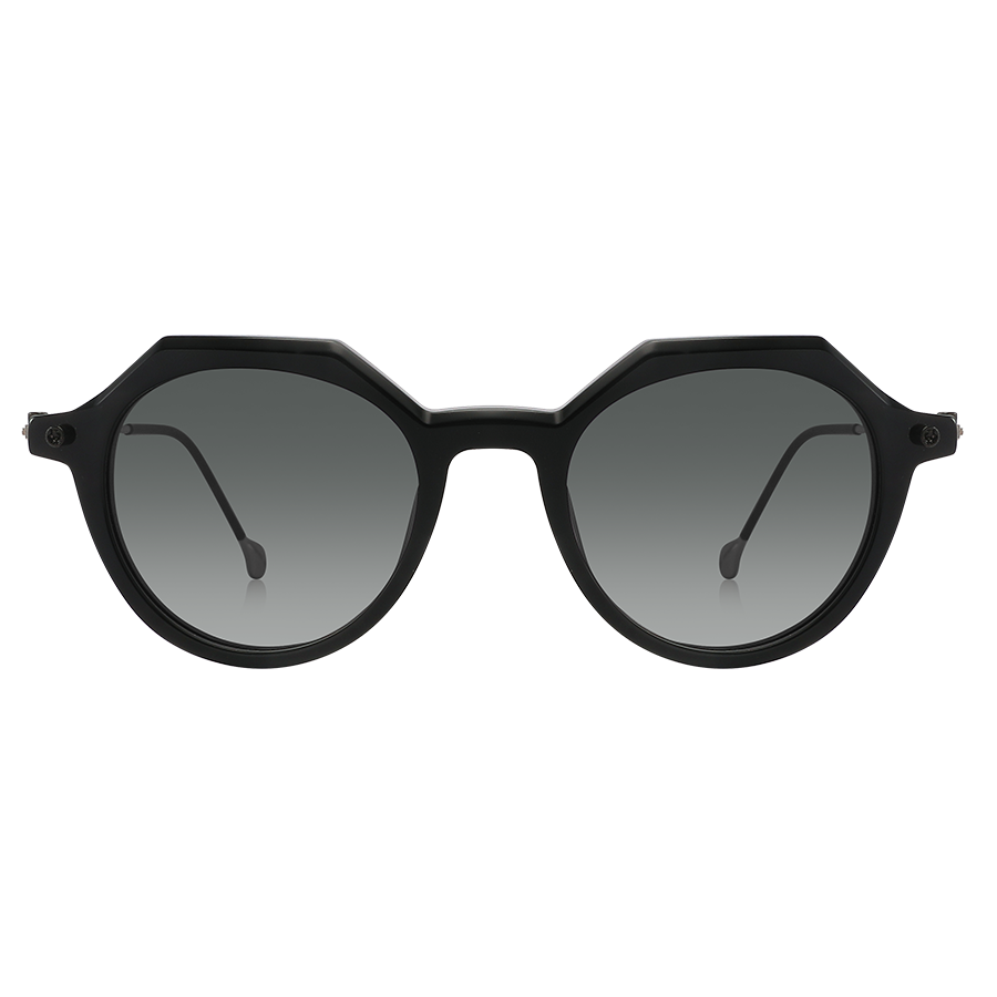 The IZZY by NAKED Optics is a black, round sunglasses model featuring an acetate frame and dark gradient lenses with UV400 protection, displayed on a plain white background.
