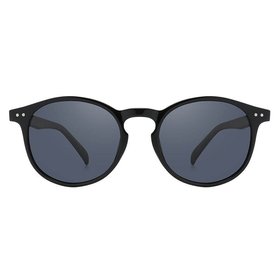 Round black sunglasses with dark lenses, featuring UV400 protection for optimal eye care. This polarized pair, The WHOOP by NAKED Optics, from their WHOOP collection is displayed against a plain white background.