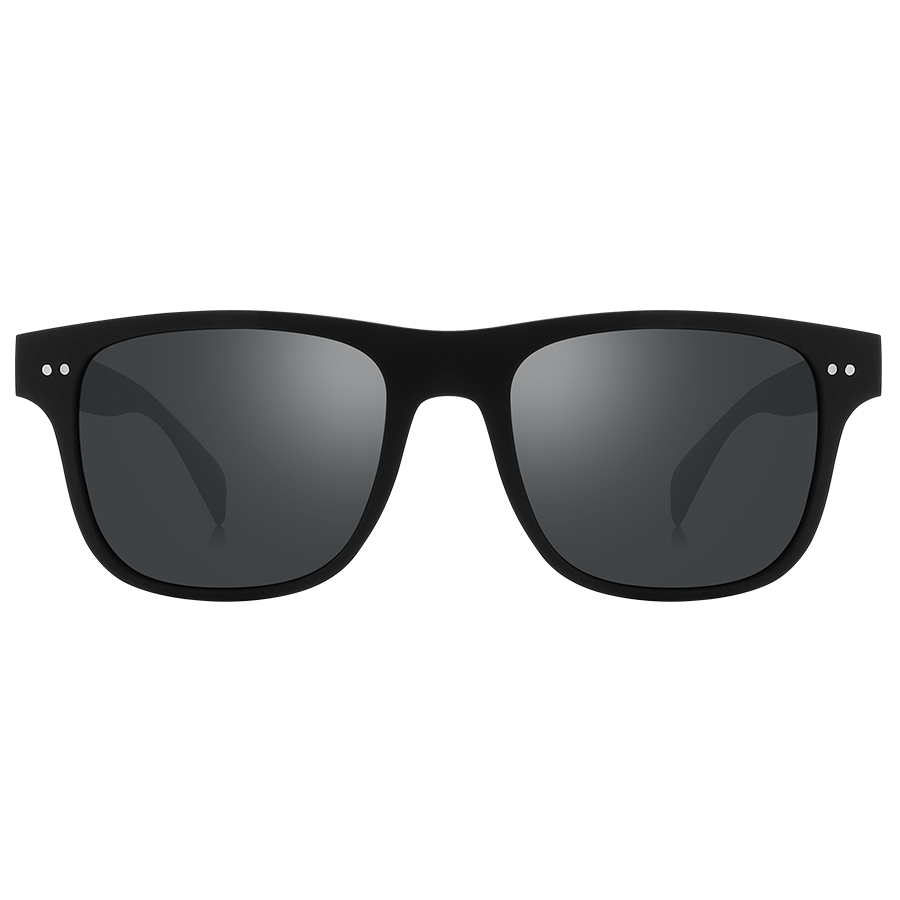 Eine schwarze Sonnenbrille mit rechteckigem Rahmen und dunklen Gläsern vor einem schlichten weißen Hintergrund – das Modell „SLUSH“ von NAKED Optics verfügt über polarisierte Gläser und ist damit die perfekte Wahl für Outdoor-Aktivitäten.