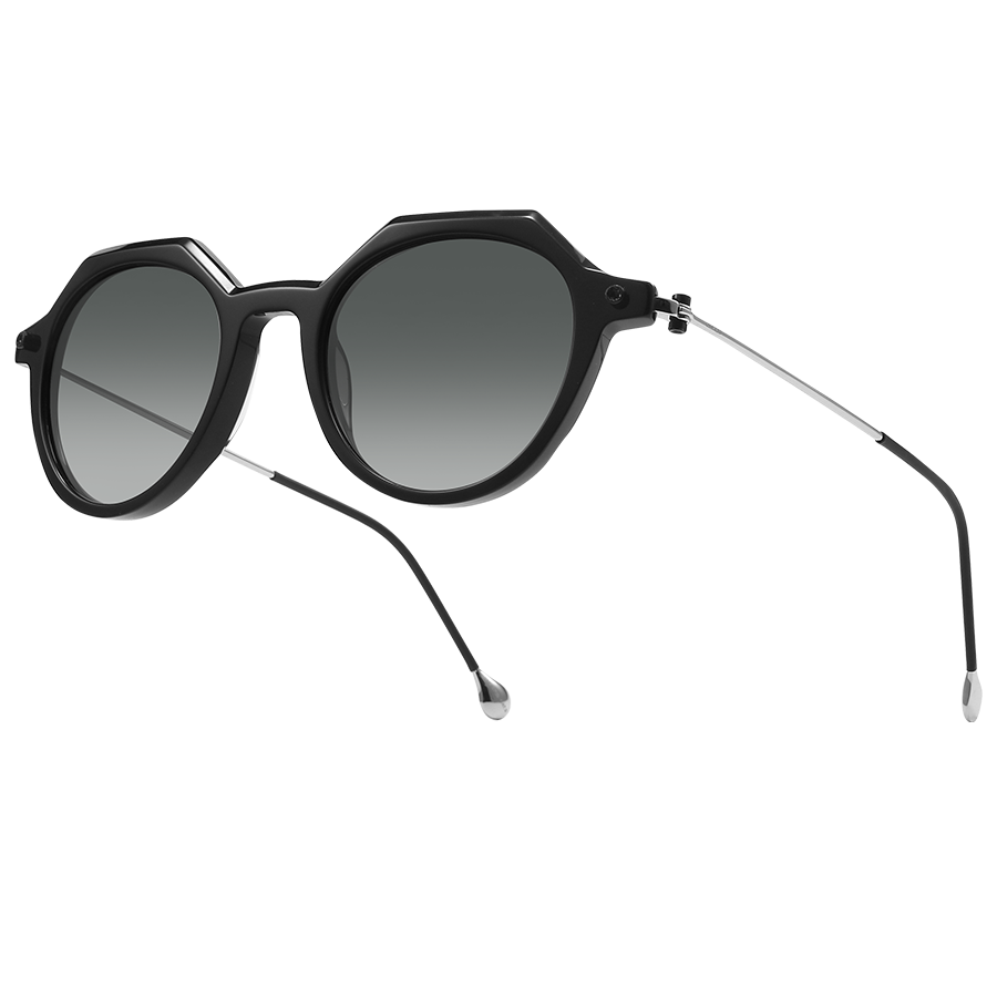 The IZZY by NAKED Optics is a black, round Sonnenbrille with thin silver arms, an elegant Acetat Rahmen, and dark gradient lenses with reliable UV400-Schutz, displayed on a white background.