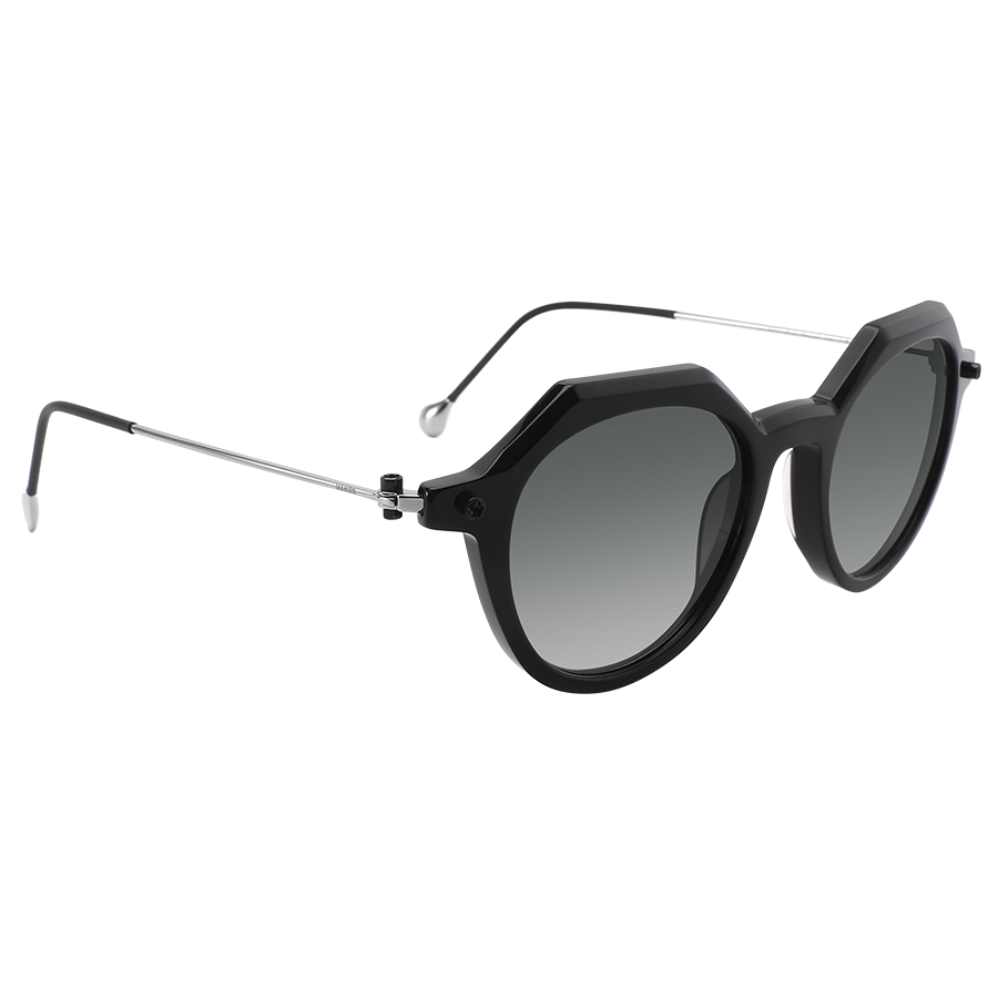The IZZY by NAKED Optics features a black geometric acetate frame with round dark lenses, UV400 protection, and thin silver arms, offering both durability and elegance on a white background.