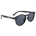 Black round sunglasses with dark lenses and “NAKED” printed on the left arm, displayed against a white background. These fashionable shades are from the NAKED Optics The WHOOP collection and provide dependable UV400 protection for your eyes.