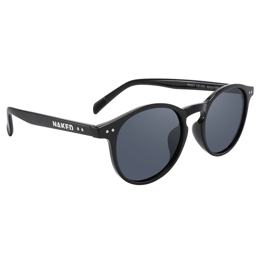 Black round sunglasses with dark lenses and “NAKED” printed on the left arm, displayed against a white background. These fashionable shades are from the NAKED Optics The WHOOP collection and provide dependable UV400 protection for your eyes.