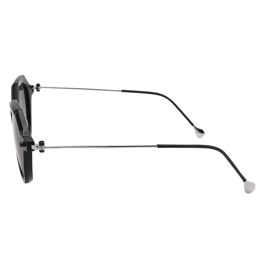 Side view of The IZZY by NAKED Optics, a black rectangular Sonnenbrille with an Acetat Rahmen, thin silver arms, clear nose pads, and full UV400-Schutz displayed on a white background.