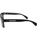 Die SLUSH-Sonnenbrille von NAKED Optics in Schwarz mit dem Schriftzug „NAKED“ am Bügel, seitlich vor weißem Hintergrund präsentiert. Diese Sonnenbrille verfügt über polarisierte Gläser und eignet sich ideal für Outdoor-Aktivitäten.