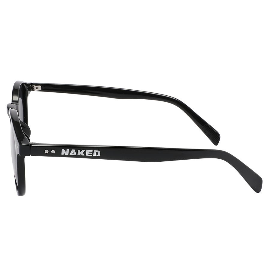 Black sunglasses with “NAKED” written in white on the arm, shown from a side angle against a white background. The WHOOP by NAKED Optics features polarisierte Gläser and reliable UV400 Schutz, offering both style and protection. A bold statement piece from the NAKED Optics WHOOP collection.