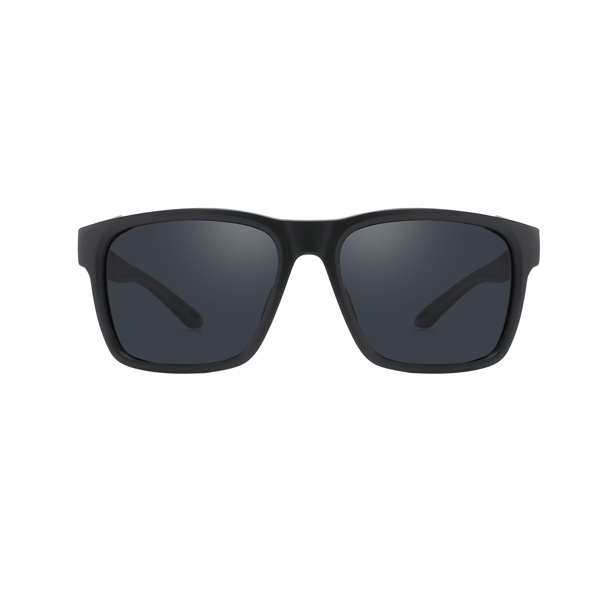 The ASCENT by NAKED Optics: black rectangular sunglasses with dark lenses, shown from the front against a plain white background. Designed as a modern Gletscherbrille, they provide alpine Abenteuer-ready UV400 protection for your eyes.