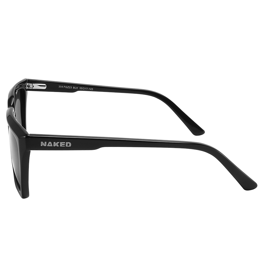 Side view of The MUSE, a black Unisex Sonnenbrille by NAKED Optics with “NAKED” inscribed on the arm, featuring polarisierte Gläser for clearer vision, set against a plain white background.