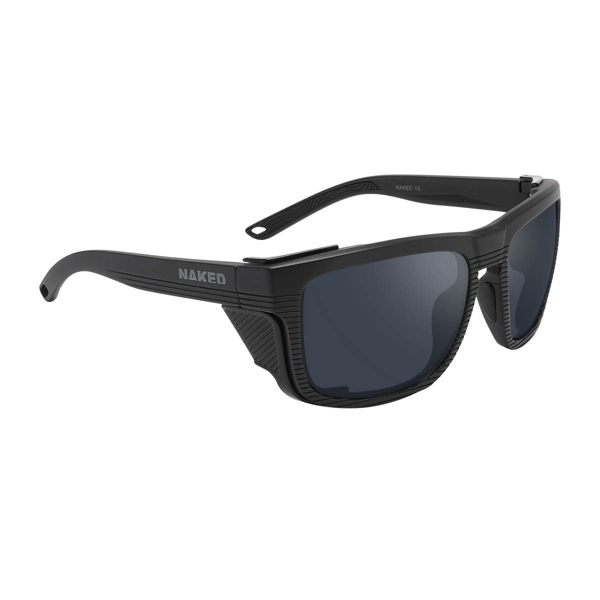 Experience the SUMMIT by NAKED Optics: black sport sunglasses featuring the NAKED logo on the side, dark lenses, and a textured frame—ideal as a Gletscherbrille for hochalpine Touren thanks to advanced UV400 Schutz.