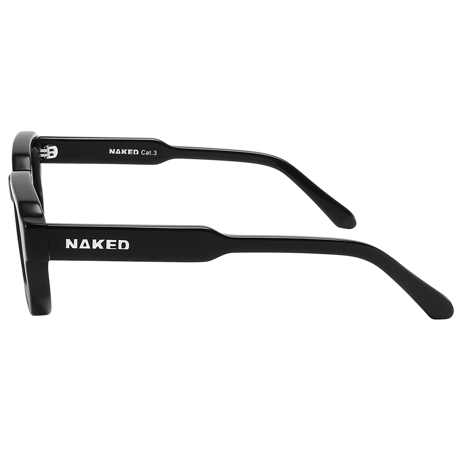 The IRIS sunglasses by NAKED Optics, shown from the side, feature “NAKED Cat. 3” printed in white on the temple arm. The polarized lenses provide UV400 protection for your eyes.