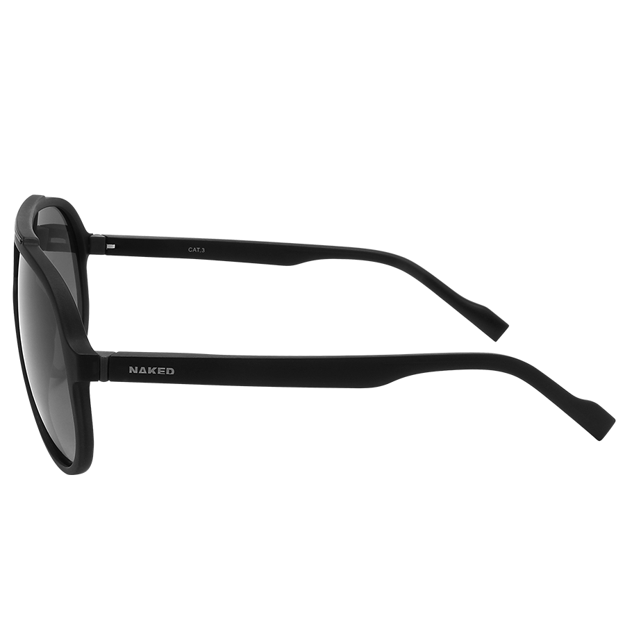 The PILOT sunglasses by NAKED Optics in black, featuring an oversized design and dark UV400 lenses, are shown in profile against a white background.