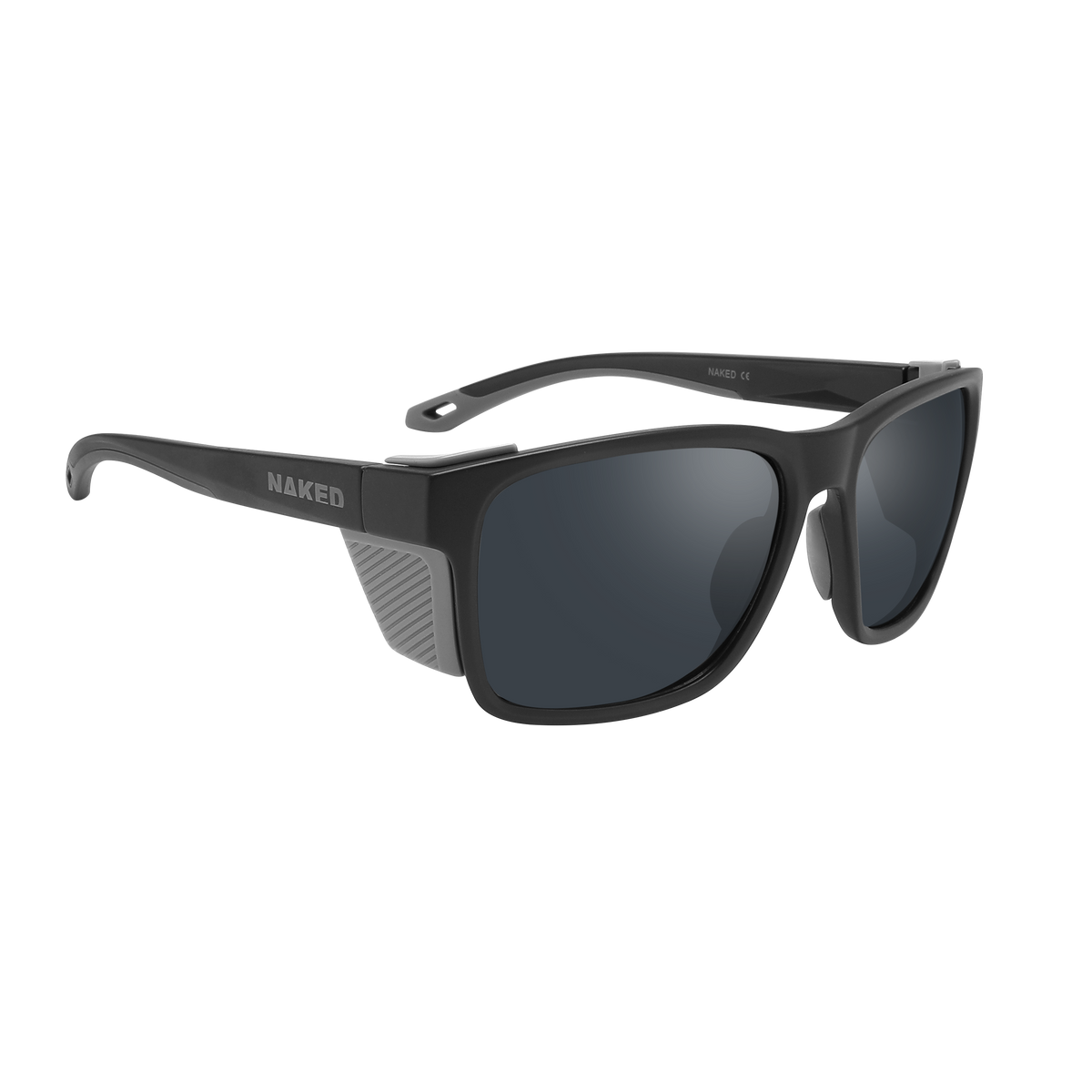 Experience high-altitude adventure with The ASCENT by NAKED Optics—sleek black sunglasses featuring dark lenses, thick frames, and stylish gray accents on the sides and inner arms. Specially designed as Gletscherbrille for alpine excursions, they deliver dependable UV400 Schutz to protect your eyes in intense sunlight.