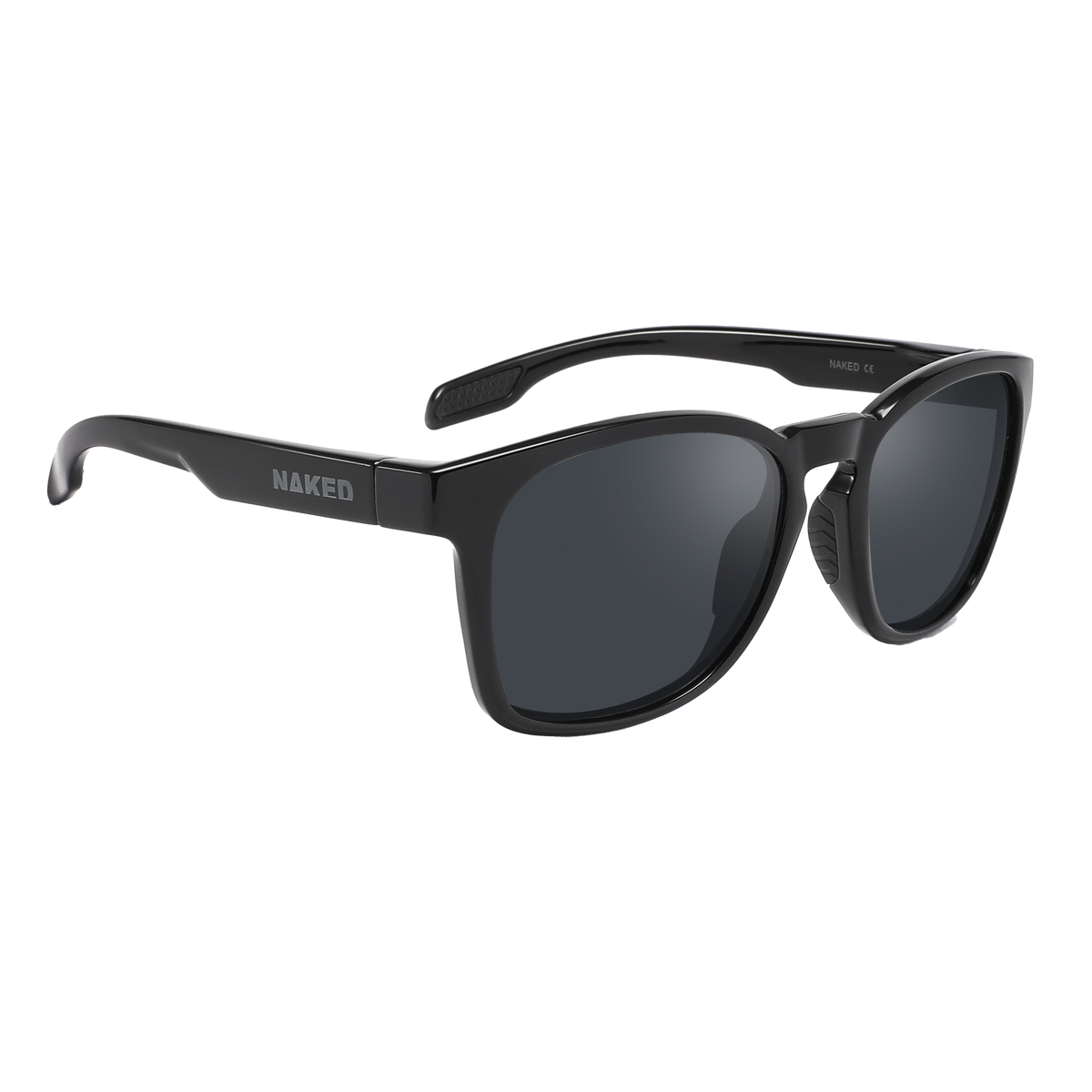 The LUX by NAKED Optics is a black lifestyle Sonnenbrille with dark lenses and “NAKED” written in white on the left temple, featuring a lightweight TR90 Rahmen—perfect for everyday wear, isolated on white.