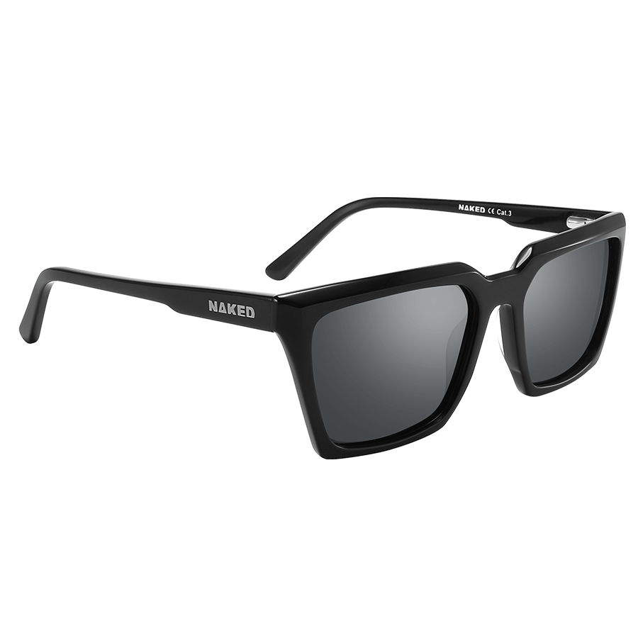 The MUSE by NAKED Optics are black rectangular sunglasses with “NAKED” written on the side of the frame, featuring UV400 Schutz for optimal eye protection. This unisex Sonnenbrille is displayed against a white background.