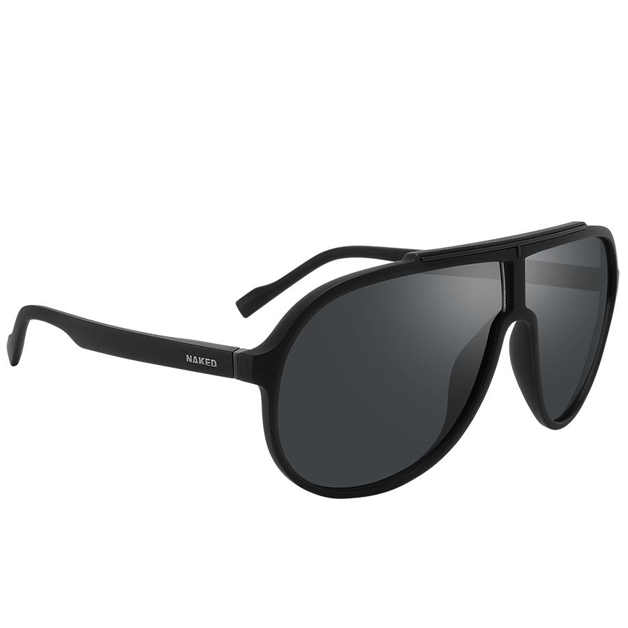 The PILOT by NAKED Optics is a black aviator-style Sonnenbrille featuring dark UV400 lenses and thick, oversized-design frames, displayed on a white background.