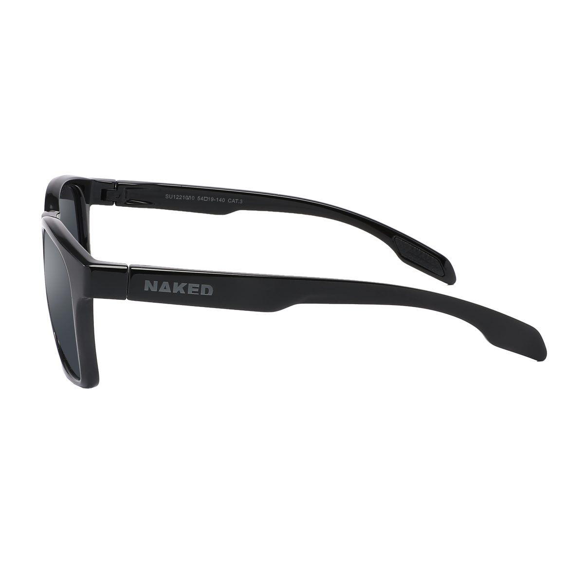 The LUX by NAKED Optics is a black rectangular lifestyle Sonnenbrille with “NAKED” displayed on the side, crafted with a durable TR90 Rahmen for lasting comfort and style. Shown from a side profile on a white background, this sunglasses model is the perfect accessory for any modern look.