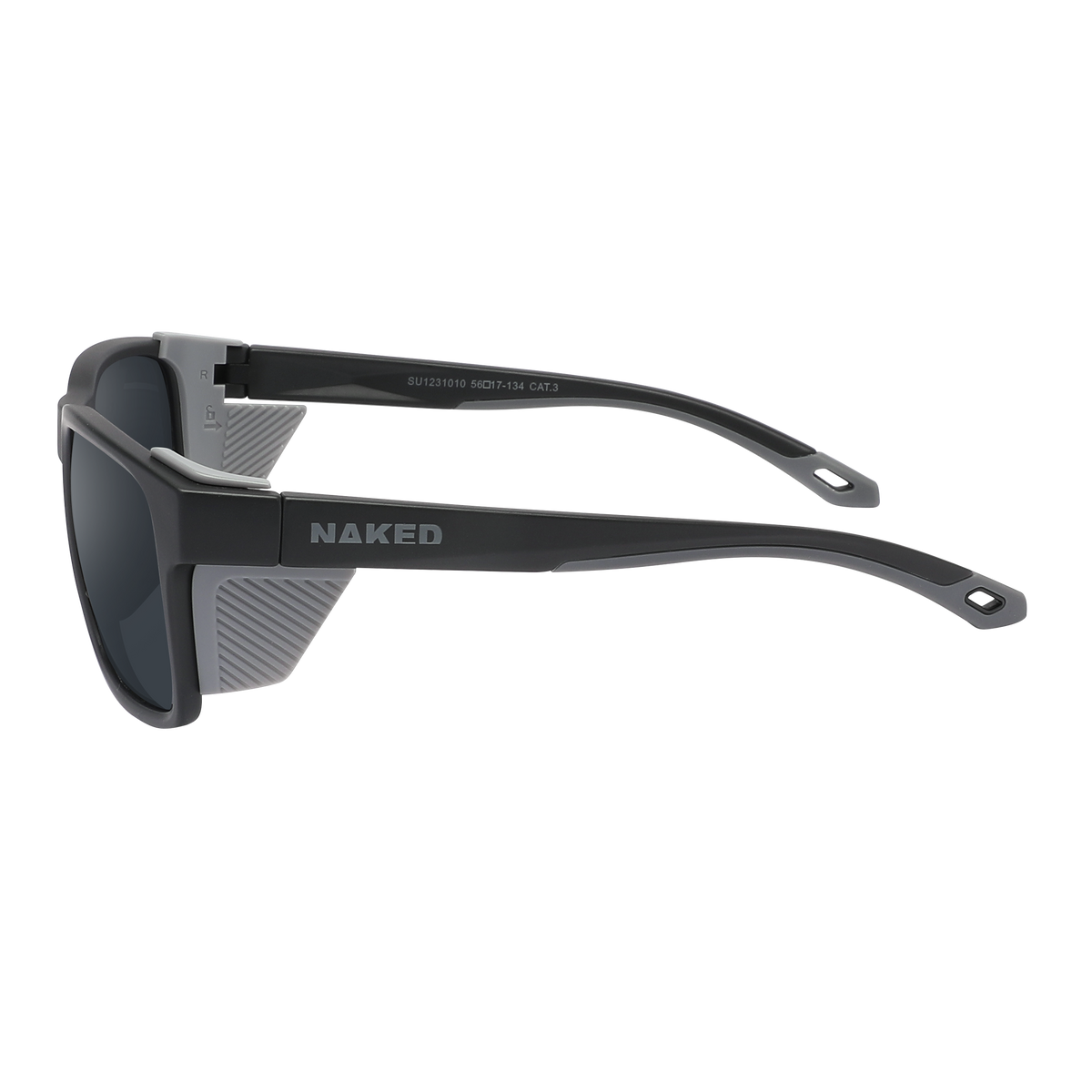 The ASCENT by NAKED Optics are black sunglasses with side shields and the NAKED logo on the arms, inspired by classic Gletscherbrille designs. They provide UV400 protection for your next alpine adventure and are shown on a white background.