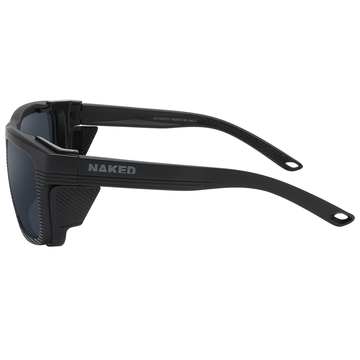 Introducing The SUMMIT by NAKED Optics: these black sunglasses feature thick frames, side shields, and the NAKED logo on the temple arm. Designed as a Gletscherbrille for hochalpine Touren, they deliver dependable UV400 protection for your eyes even in the harshest sunlight.