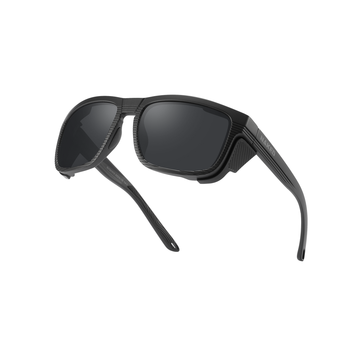 The SUMMIT by NAKED Optics are black wraparound sunglasses with thick frames and dark lenses, photographed on a white background—perfect as a Gletscherbrille for hochalpine Touren due to their reliable UV400 Schutz.
