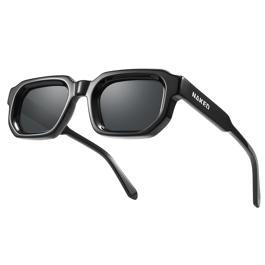 Black rectangular sunglasses called The IRIS by NAKED Optics, featuring thick frames with the brand name on the left arm, equipped with polarized lenses and UV400 protection, set against a white background.