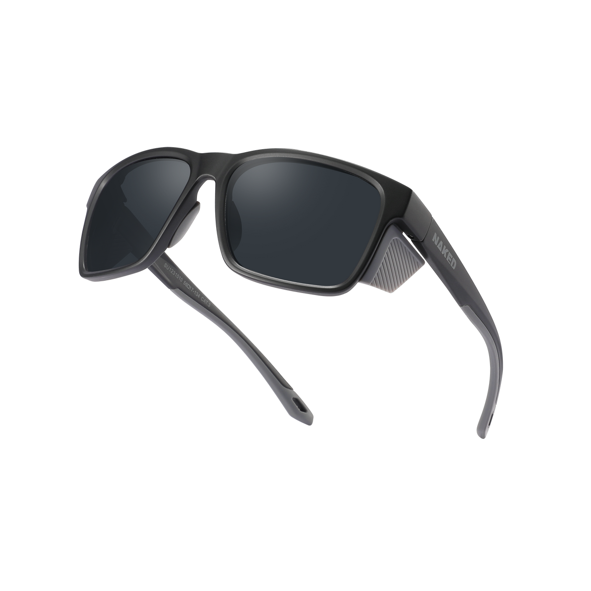 Black sunglasses with thick frames and dark lenses, positioned on a white background—The ASCENT by NAKED Optics offer reliable UV400 protection, making them perfect for alpine adventures.