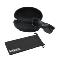 The ASCENT by NAKED Optics: black sunglasses with UV400 protection, presented with a branded hard case and soft pouch on a white background—ideal for your next alpine adventure or as fashionable glacier glasses (Gletscherbrille).