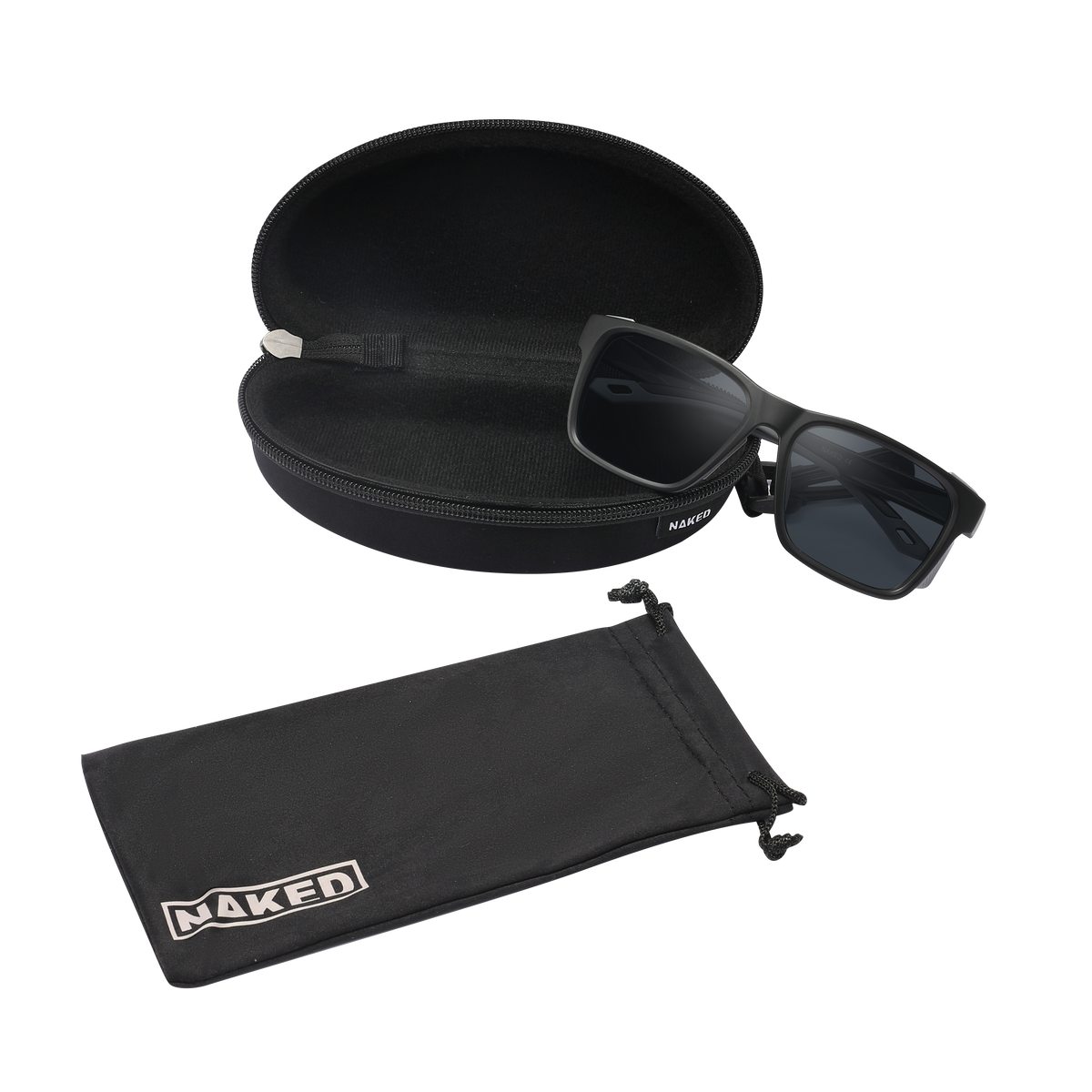 The ASCENT by NAKED Optics: black sunglasses with UV400 protection, presented with a branded hard case and soft pouch on a white background—ideal for your next alpine adventure or as fashionable glacier glasses (Gletscherbrille).