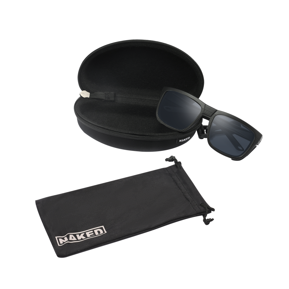 The SUMMIT Gletscherbrille sunglasses by NAKED Optics in black, featuring UV400 protection and supplied with a hard zip case and soft drawstring pouch, are showcased on a white background—perfect for high alpine tours.