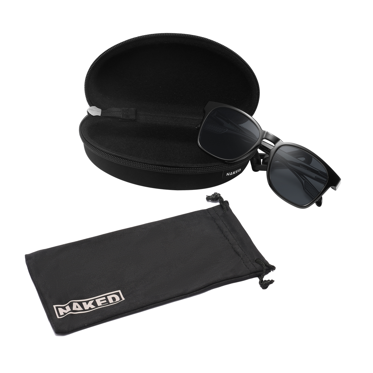The LUX by NAKED Optics is a black Sonnenbrille featuring a lightweight TR90 Rahmen, and comes with both a hard case and a soft pouch labeled NAKED, all showcased on a clean white background.