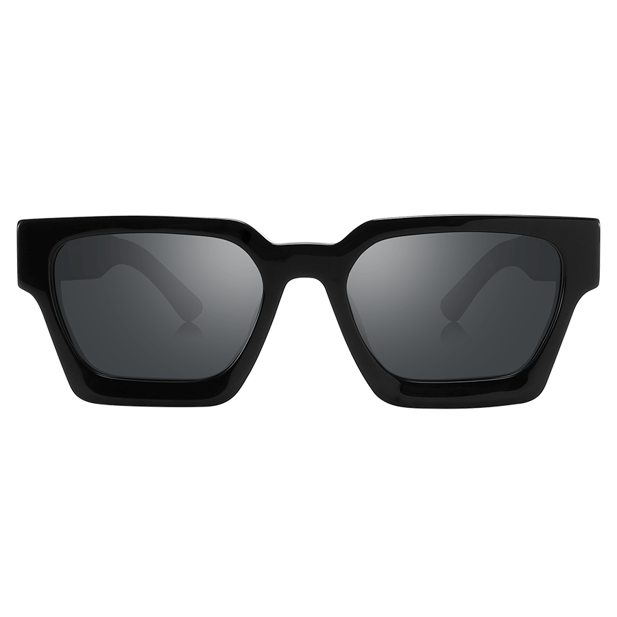 The AURA by NAKED Optics: a black rectangular Sonnenbrille with thick frames and dark, polarisierte Gläser displayed on a plain white background, featuring a subtle Retro-Design for timeless style.