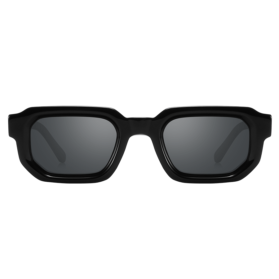 The IRIS by NAKED Optics is a black, rectangular pair of sunglasses with thick frames and dark lenses featuring UV400-Schutz, displayed on a plain white background.