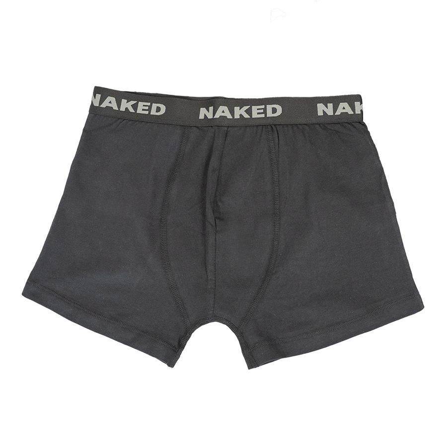 Schwarze Boxershorts aus dem Set „NAKED Optics Boxershorts – 2er-Pack“, mit einem Bund, auf dem der Schriftzug „NAKED“ wiederholt aufgedruckt ist, und aus atmungsaktiver Unterwäsche und weicher Baumwolle für optimalen Tragekomfort, vor weißem Hintergrund.