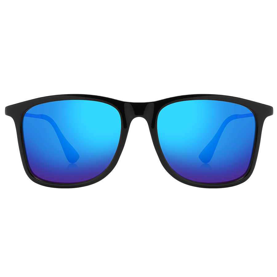 The ACE by NAKED Optics is a black Sonnenbrille featuring blue mirrored, polarisierte Gläser, displayed against a plain white background and providing stylish UV-Schutz for your eyes.